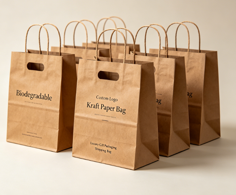 Anpassad logotyp Biologiskt nedbrytbart stansningshandtag Kraftpappers presentpåse