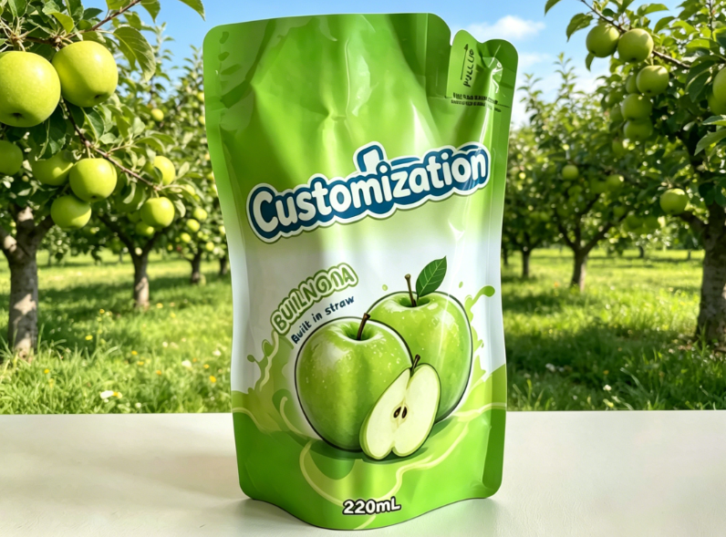 Anpassade tryckta inbyggda halmpåsar 220 ml för juicefruktpurédrinkar