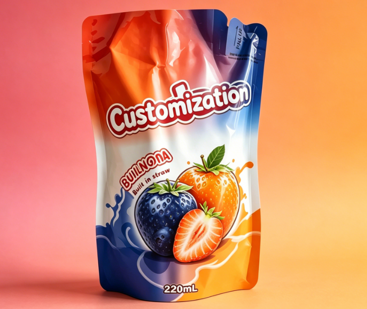 Anpassade tryckta inbyggda halmpåsar 220 ml för juicefruktpurédrinkar