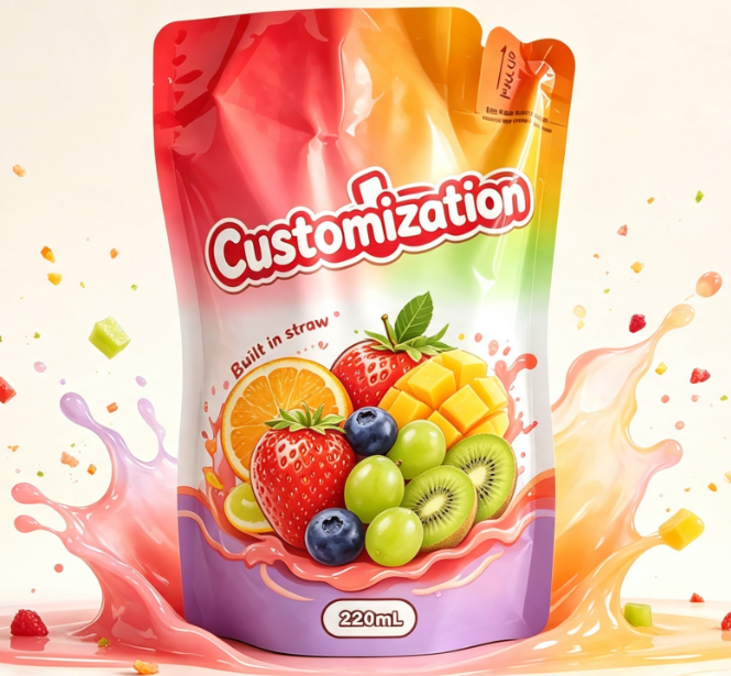220 ml blandad fruktjuice Inbyggda halmpåsar Specialtryckta dryckesförpackningspåsar
