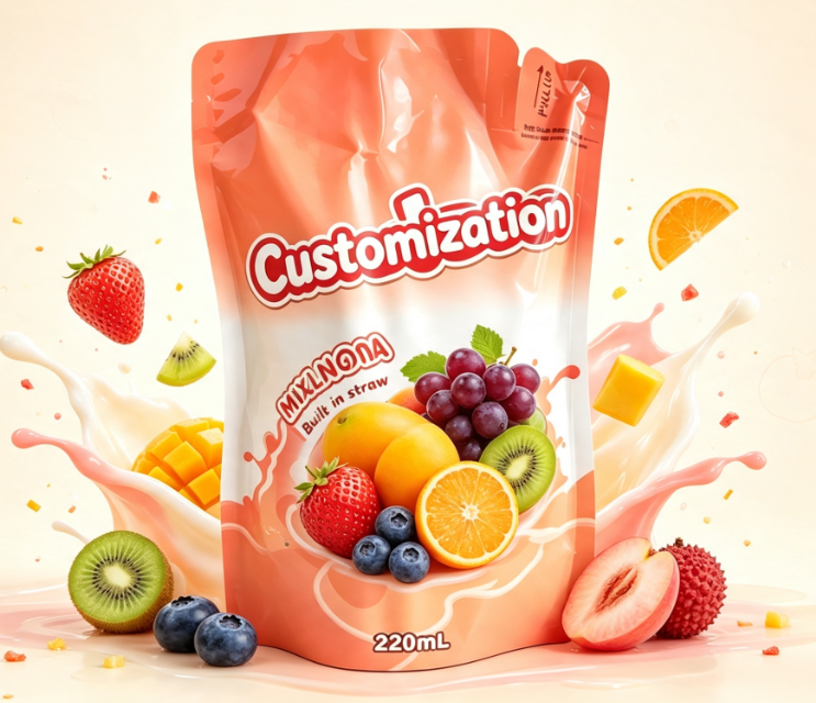 220 ml blandad fruktjuice Inbyggda halmpåsar Specialtryckta dryckesförpackningspåsar