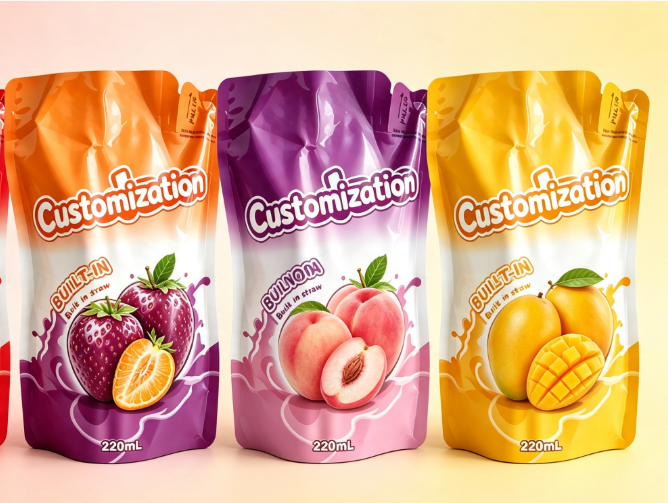 Flera smaker 220 ml inbyggda stråpresspåsar anpassade fruktpuré och juiceförpackningspåsar