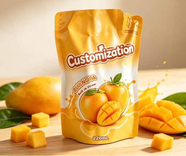 Flera smaker 220 ml inbyggda stråpresspåsar anpassade fruktpuré och juiceförpackningspåsar