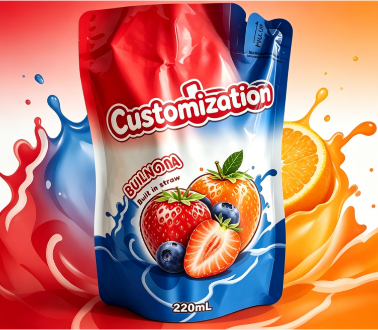 220 ml mangofruktpuré Inbyggda halmpåsar anpassade tryckta dryckesförpackningspåsar