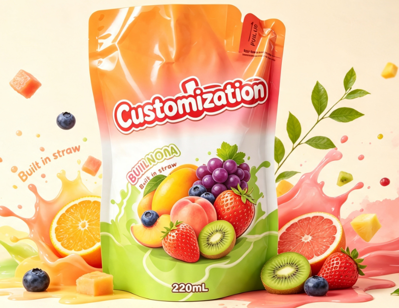 220 ml blandad fruktjuice Inbyggda halmpåsar Specialtryckta dryckesförpackningspåsar