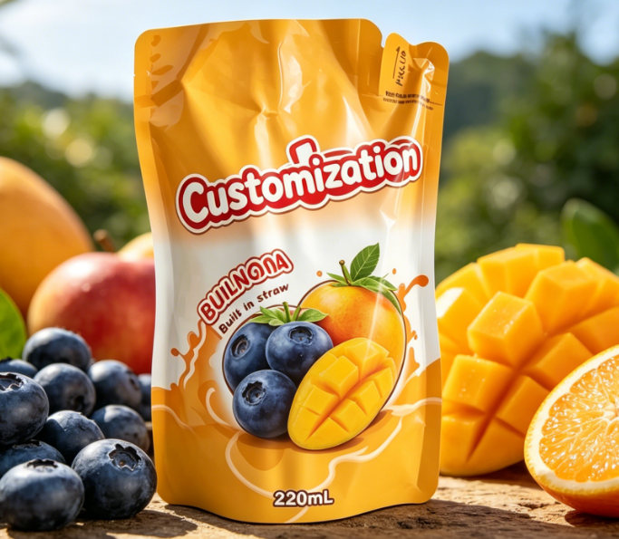 220 ml mangofruktpuré Inbyggda halmpåsar anpassade tryckta dryckesförpackningspåsar